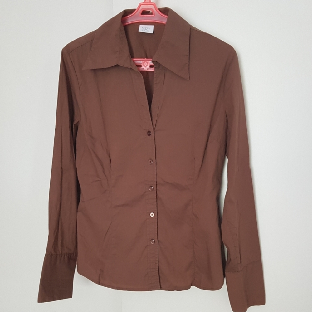 Ladies tapered Brown business casual Long Sleeve shirt